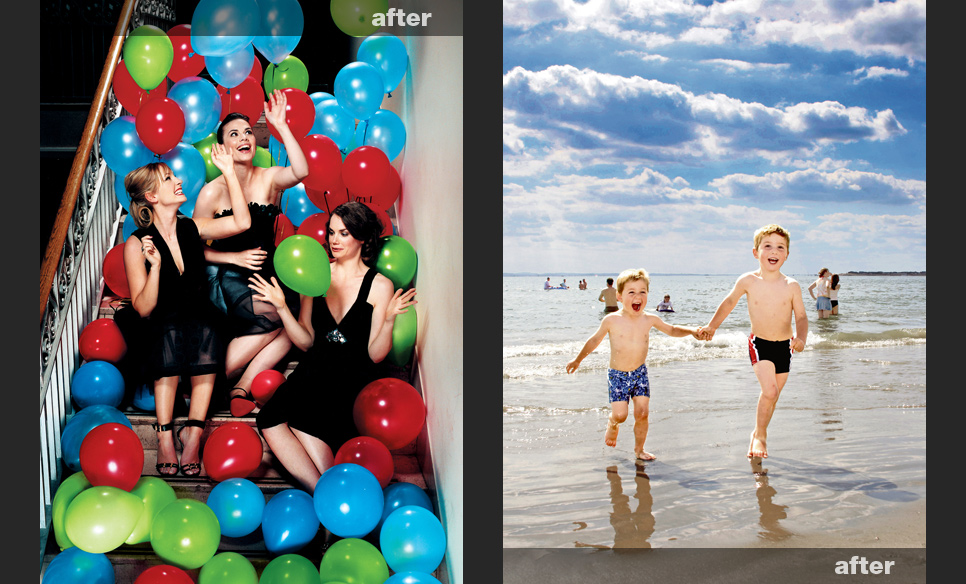Boys on a beach and image brightened and warmed up, women with balloons enhanced and with balloons changed colour