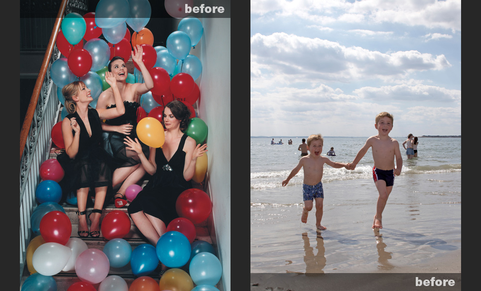 Dull flat image of boys on a beach and image of women with balloons that are the wrong colour